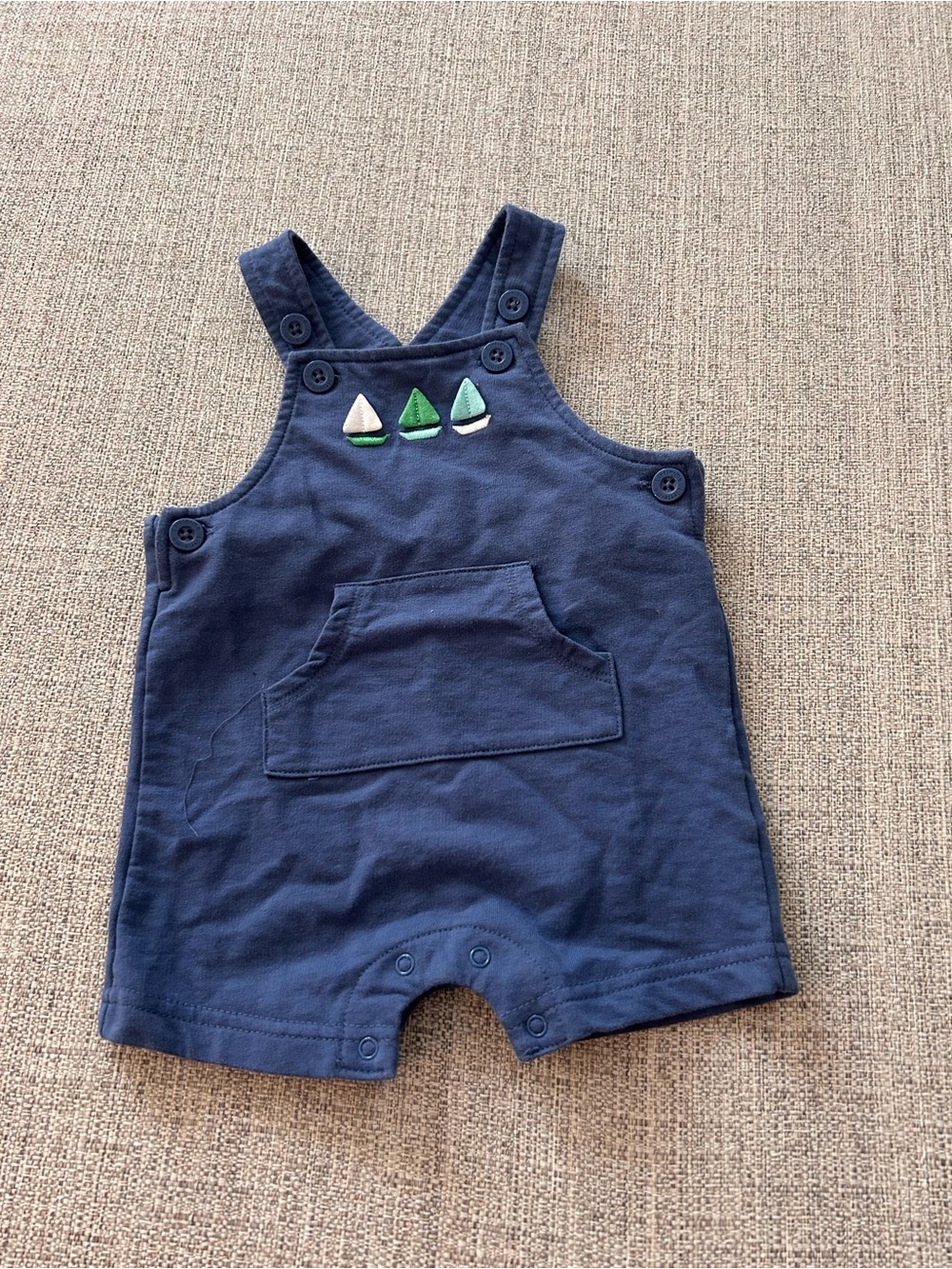Navy Sailboat Embroidered Baby Overalls. Size 6M